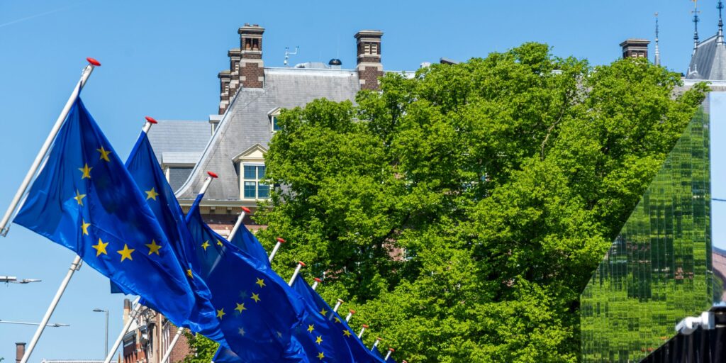 Multiple EU flags waving against a blue sky with greenery and architecture in the background.